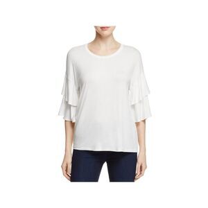 K & C Womens Ivory Stretch Ruffled Tiered Bell Sleeve Round Neck Top L
